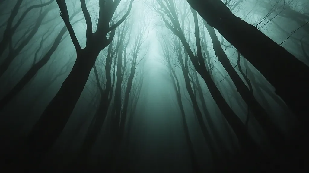 A low-angle shot reveals a dense forest shrouded in an ethereal fog.  Tall, dark tree trunks converge towards a faintly luminous point in the distance, creating a mysterious and somewhat ominous atmosphere. The scene is dominated by shades of deep green and black, enhancing the mystical and foreboding mood. The fog obscures the forest floor, adding to the sense of depth and mystery.