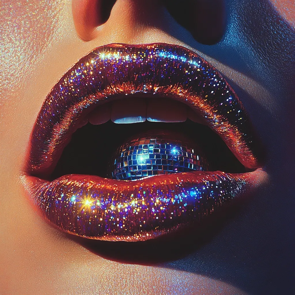 Close-up of a woman's mouth with full, glossy lips coated in iridescent, glittery dark-red lipstick.  A small disco ball rests in the center of her mouth, nestled between her teeth. The lighting highlights the sparkle and texture of both the lipstick and the disco ball, creating a vibrant, glamorous image.