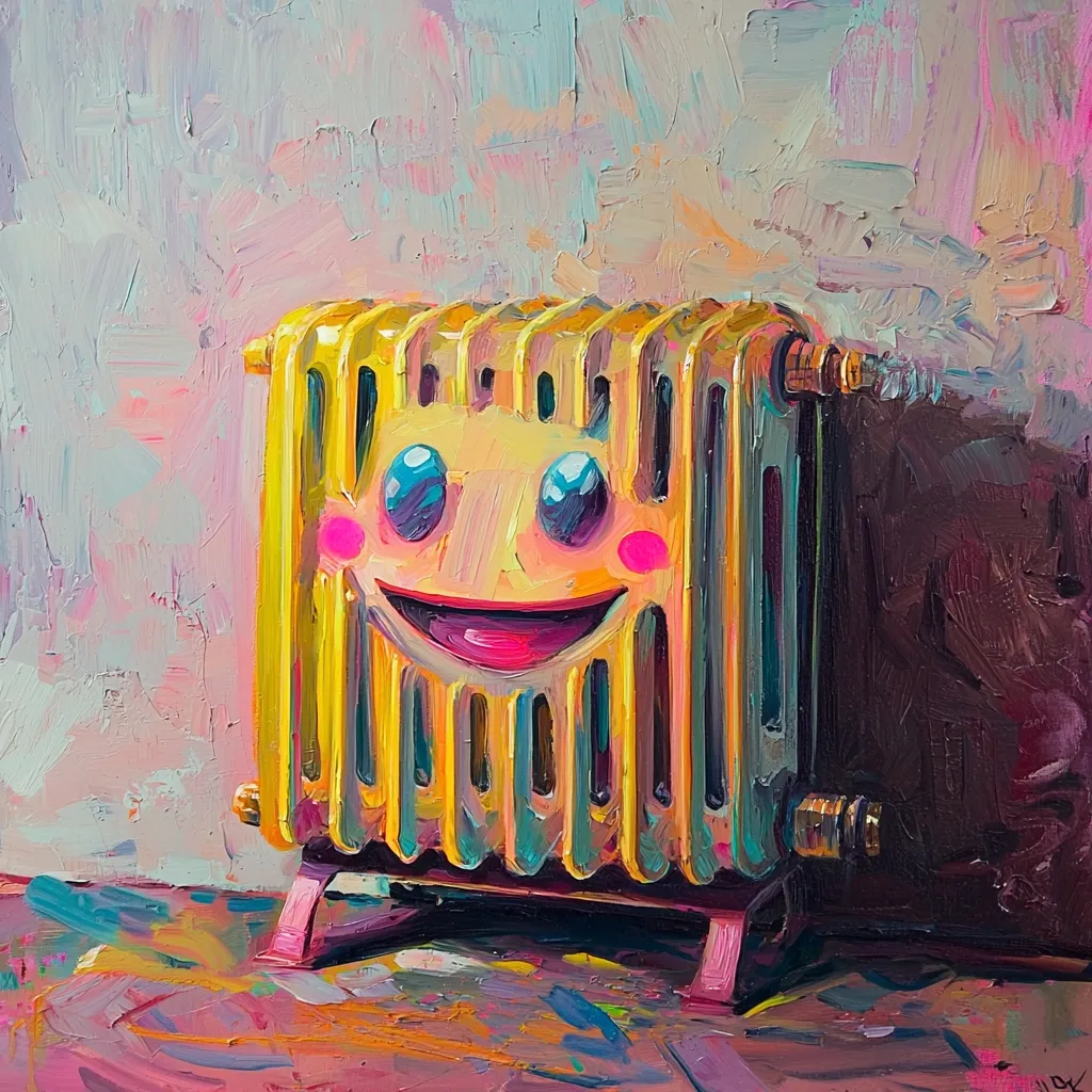 A vibrant, impasto-style painting depicts a yellow radiator transformed into a smiling face.  Bold strokes of color create a cheerful, almost cartoonish effect.  The radiator's fins form the face's features, with added details like rosy cheeks and bright eyes. It stands on a pink and purple floor against a textured, pale wall. The overall mood is playful and whimsical.