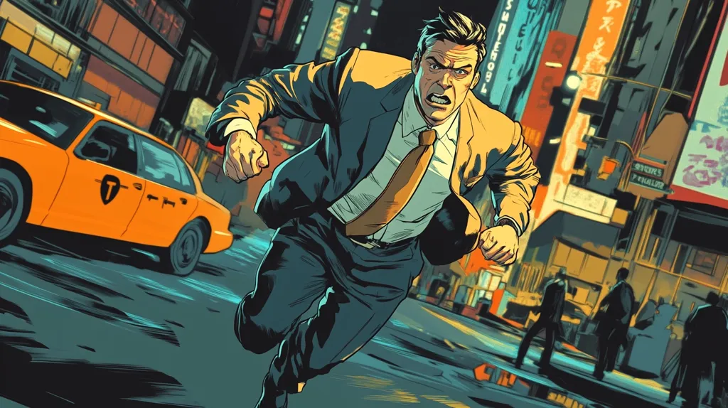 A stylized illustration depicts a man in a suit running through a city street at night.  His expression is intense, fists clenched.  He's sharply dressed, his tie askew.  The background features neon signs, a yellow taxi cab, and blurred pedestrians, creating a dynamic, action-packed scene reminiscent of a comic book or graphic novel. The artwork's style is bold and vibrant.