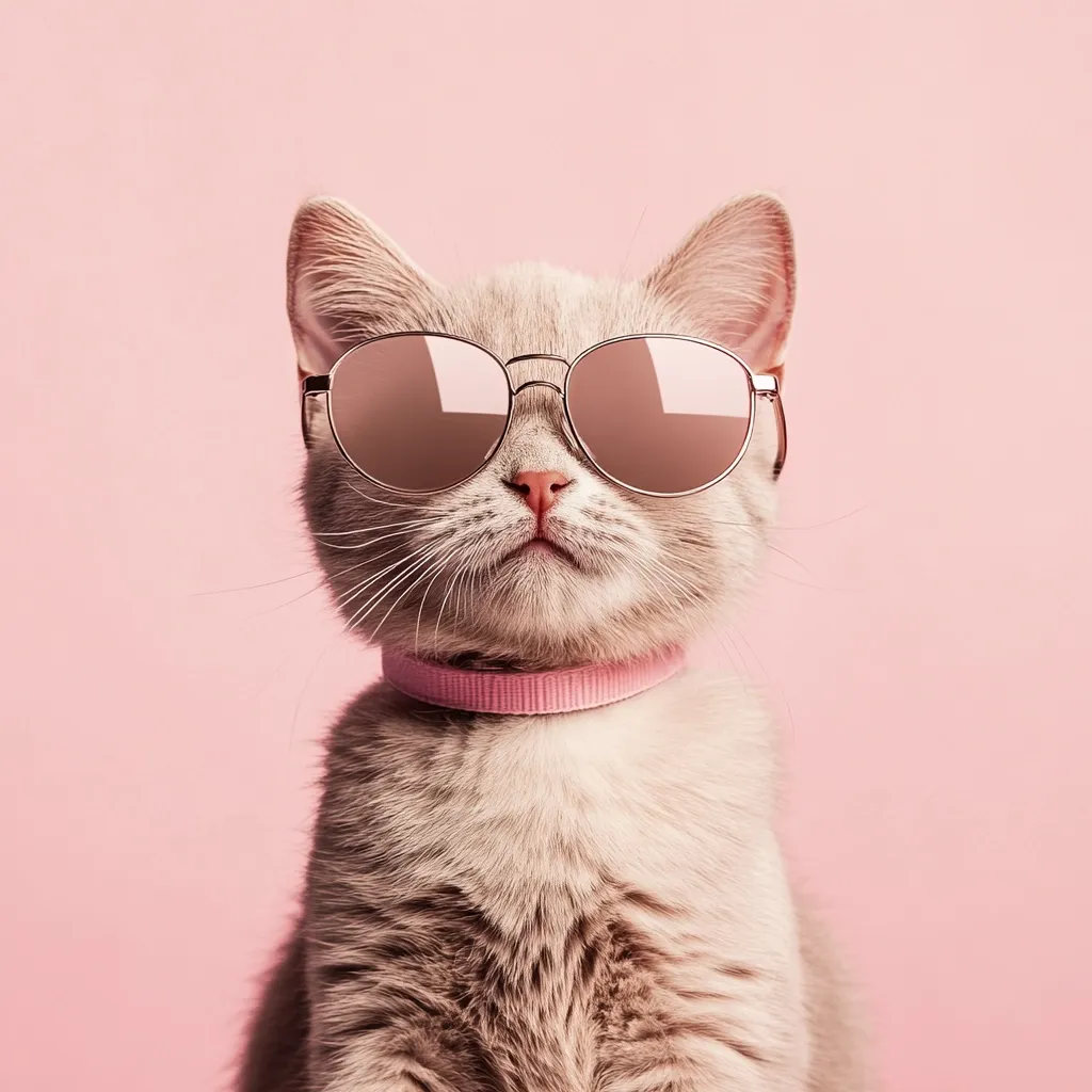 A light gray kitten, wearing a pink collar and stylish rose-tinted sunglasses, sits against a pale pink background.  Its expression is calm and composed, creating a fashionable and subtly humorous image. The kitten's fur is soft-looking, and the overall aesthetic is one of gentle sophistication.