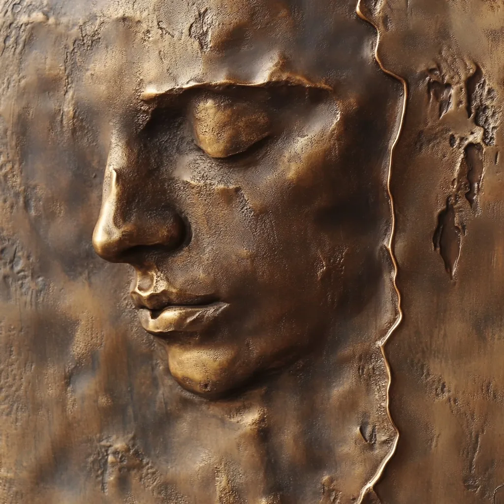 A bronze bas-relief sculpture depicts a serene female face in profile, eyes closed.  The textured surface suggests a weathered or aged material, adding to the contemplative mood.  A crack or fissure runs vertically alongside the face, adding a dramatic element to the artwork's composition. The style is expressive and evokes a sense of peace and quiet contemplation.