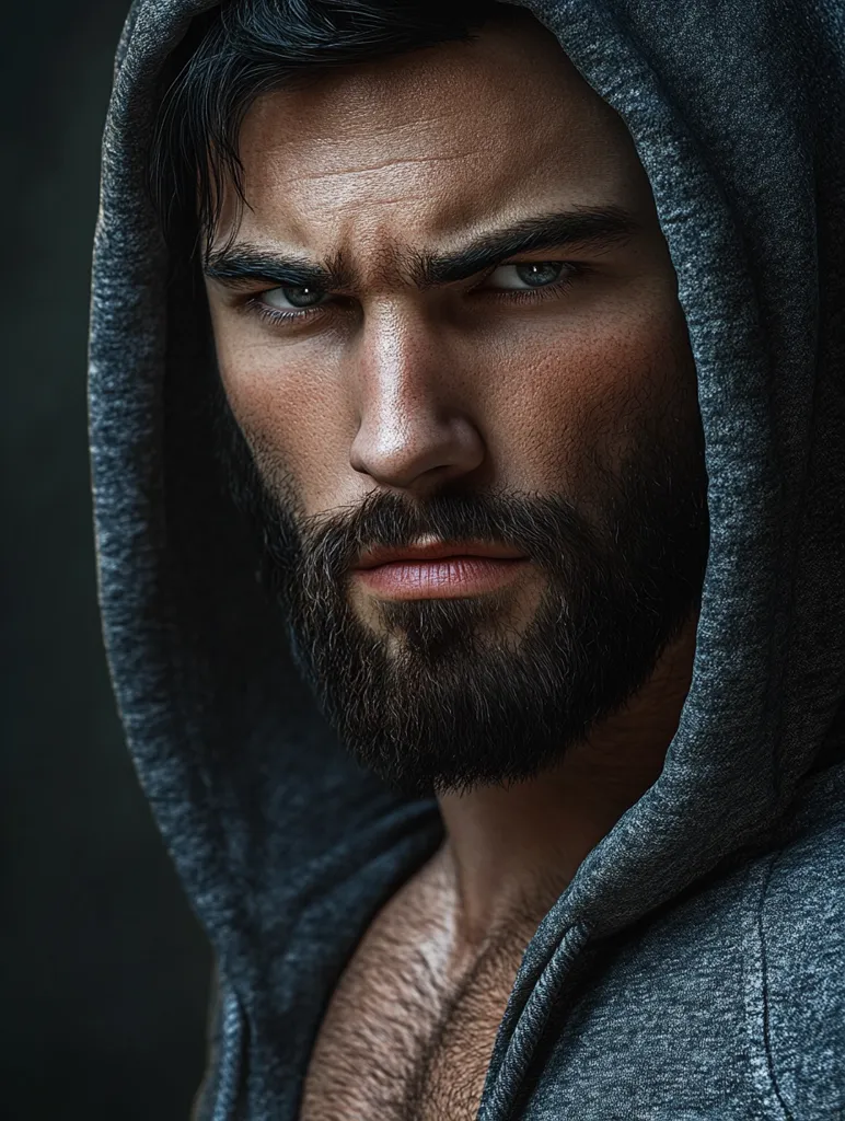 Close-up portrait of a man with a serious expression. He has dark hair, a full beard, and intense eyes.  He's wearing a dark grey hoodie, the hood pulled up. The image is darkly lit, creating a moody atmosphere.  His gaze is direct, and his facial features are sharply defined. The overall impression is one of strength and intensity.