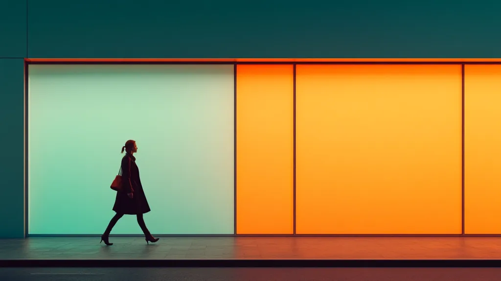 A woman in a coat and carrying a handbag walks past a large building with a teal and orange illuminated facade.  The minimalist scene is sharply contrasted by the bright colors of the building's exterior. The woman's silhouette is prominent against the vibrant background.  The image evokes a sense of modern urban life.
