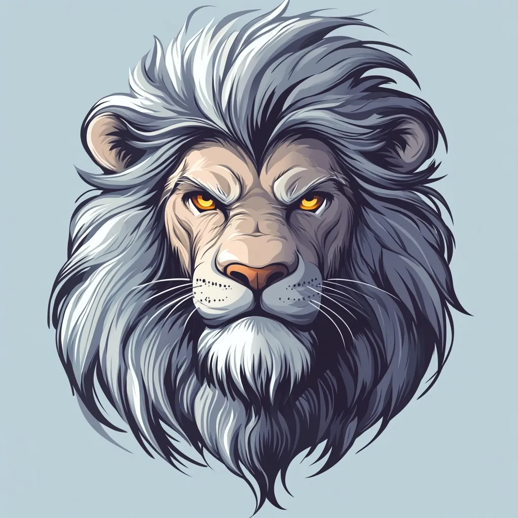 A majestic lion's head is depicted in a stylized illustration.  Its long, flowing mane is predominantly gray and white, contrasting with its intense, amber eyes. The lion's expression is serious, almost fierce, conveying power and dominance.  The detailed rendering highlights the texture of the fur and the sharp features of the animal's face. The overall style is bold and graphic, capturing the lion's regal presence.