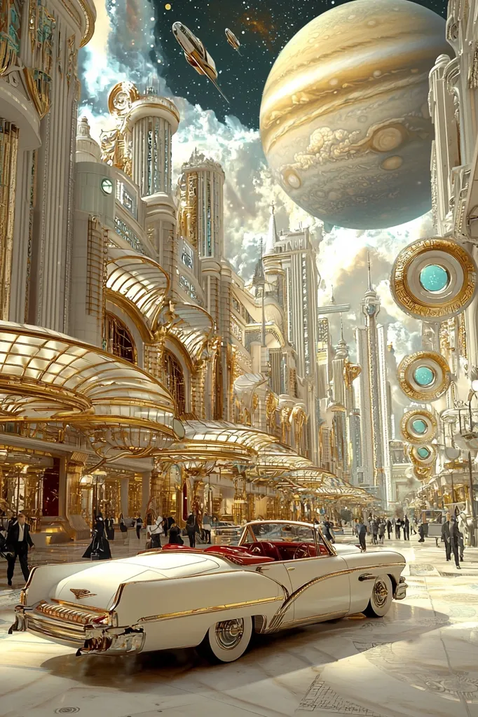 A futuristic city gleams with gold and white architecture, reminiscent of Art Deco style.  A classic, cream-colored convertible car sits in the foreground, adding a touch of vintage elegance to the scene.  In the background, a massive gas giant dominates the sky, while spaceships soar overhead.  The overall impression is one of opulent, otherworldly sophistication.