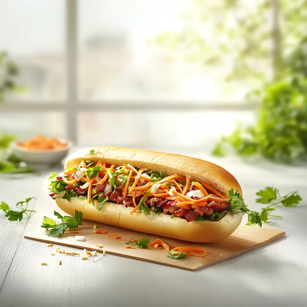 A delicious-looking banh mi sits on a light wooden board.  The baguette is filled with savory, glazed meat, shredded carrots, fresh cilantro, and a creamy dressing.  It's artfully presented against a blurred background of a bright window and greenery, suggesting a fresh and flavorful meal.  A few scattered carrot shavings add to the appetizing presentation.