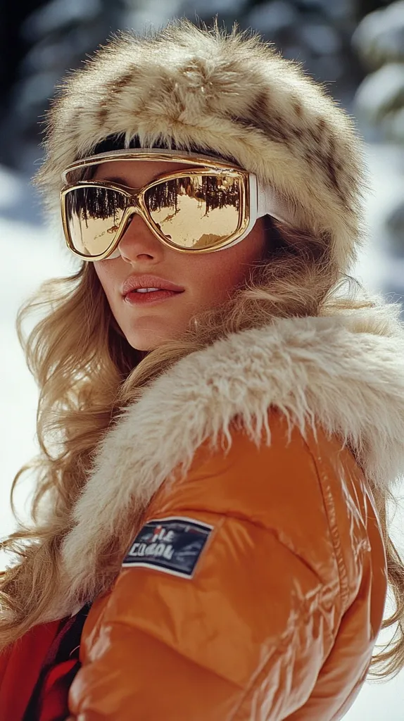 A blonde woman with long, wavy hair models a stylish winter outfit.  She wears a fluffy fur hat, large gold ski goggles reflecting a snowy landscape, and a vibrant orange, shiny puffer jacket with a faux fur collar. The jacket features a small logo patch on the sleeve.  The overall image evokes a retro, 70s ski fashion aesthetic.