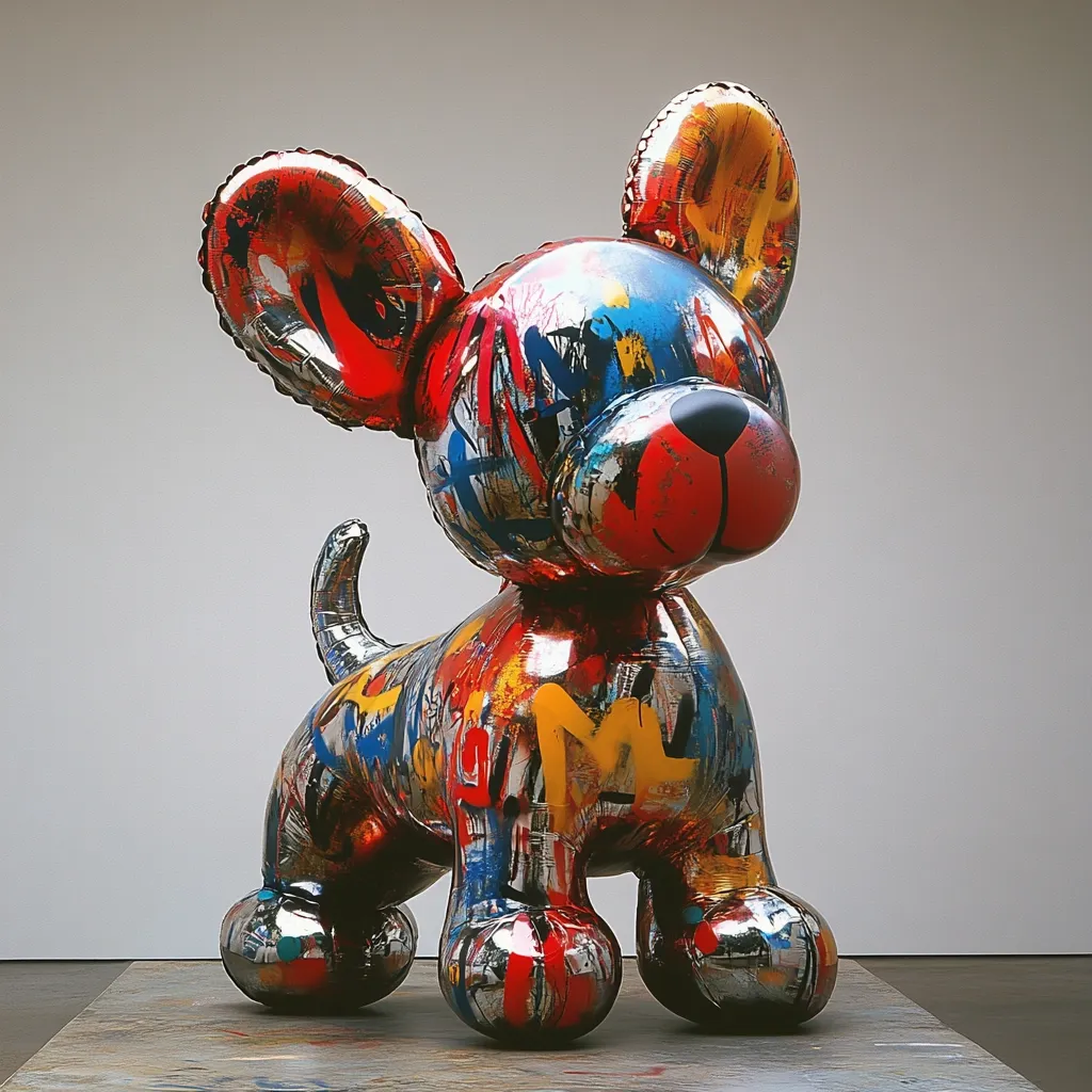 A vibrant, large-scale sculpture of a dog, seemingly crafted from a metallic, balloon-like material.  Its surface is adorned with a chaotic yet harmonious spray-painted design in various colors, primarily red, yellow, blue, and silver. The dog's form is playful and cartoonish, with exaggerated features, suggesting a whimsical and contemporary artistic expression.  It sits on a simple wooden floor against a plain background.