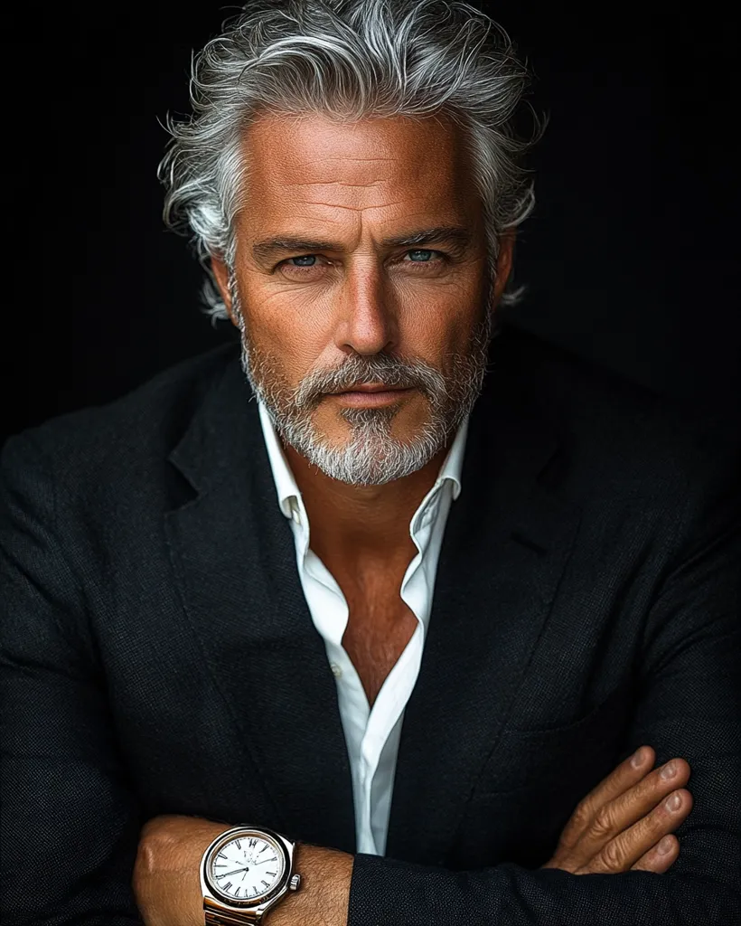 A mature man with salt and pepper hair styled in loose waves stares intently at the camera.  He sports a neatly trimmed gray beard and is dressed in a dark blazer over a crisp white shirt. His arms are crossed, and a silver wristwatch is visible on his left wrist. The background is a stark black, emphasizing the man's features and attire. The overall impression is one of sophistication and confidence.
