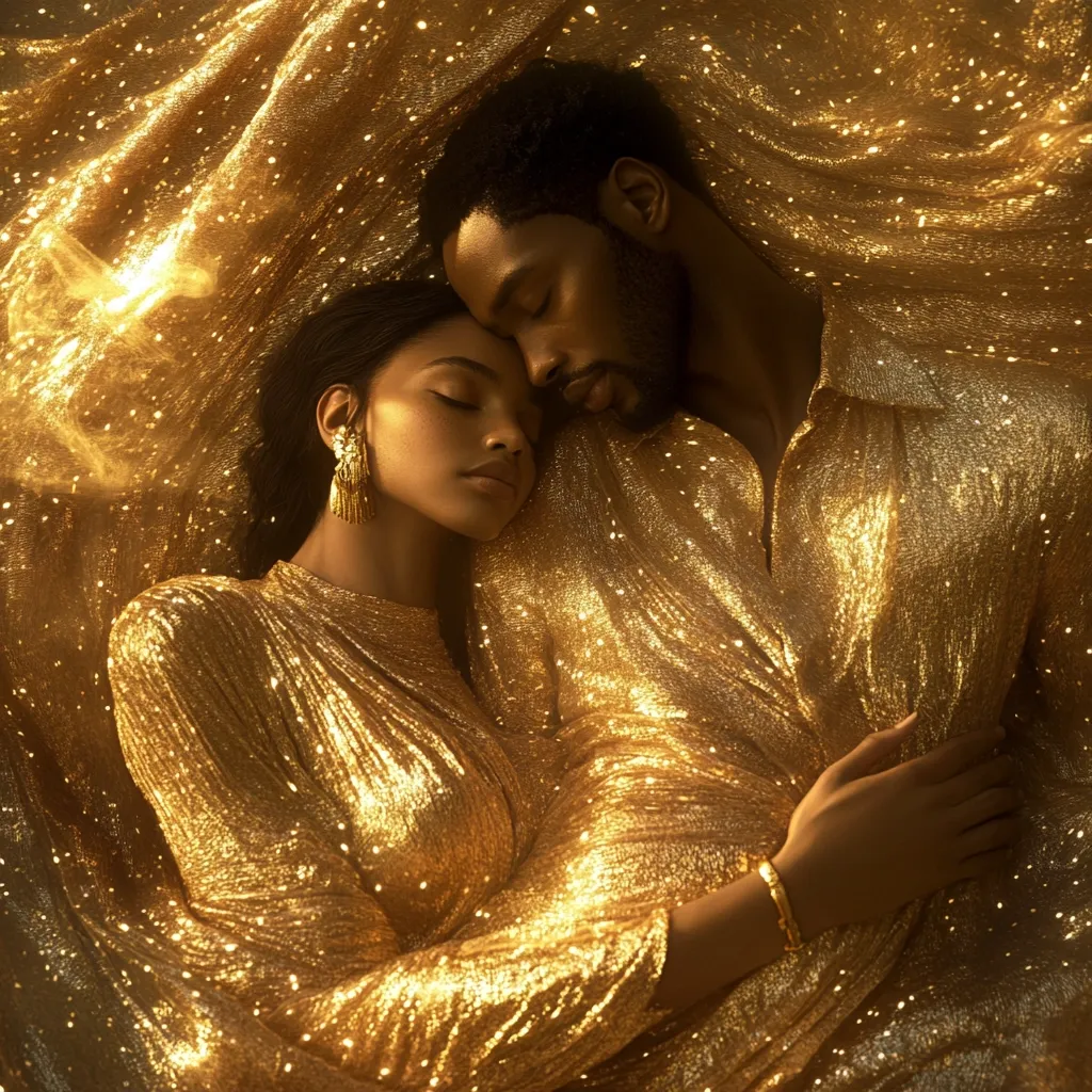 A Black couple, adorned in shimmering gold attire, rests intertwined amidst a golden fabric.  Their heads gently touch, conveying intimacy and serenity.  The woman wears gold earrings, and the soft lighting enhances the luxurious feel of the scene. The image evokes a sense of opulence and romantic connection.