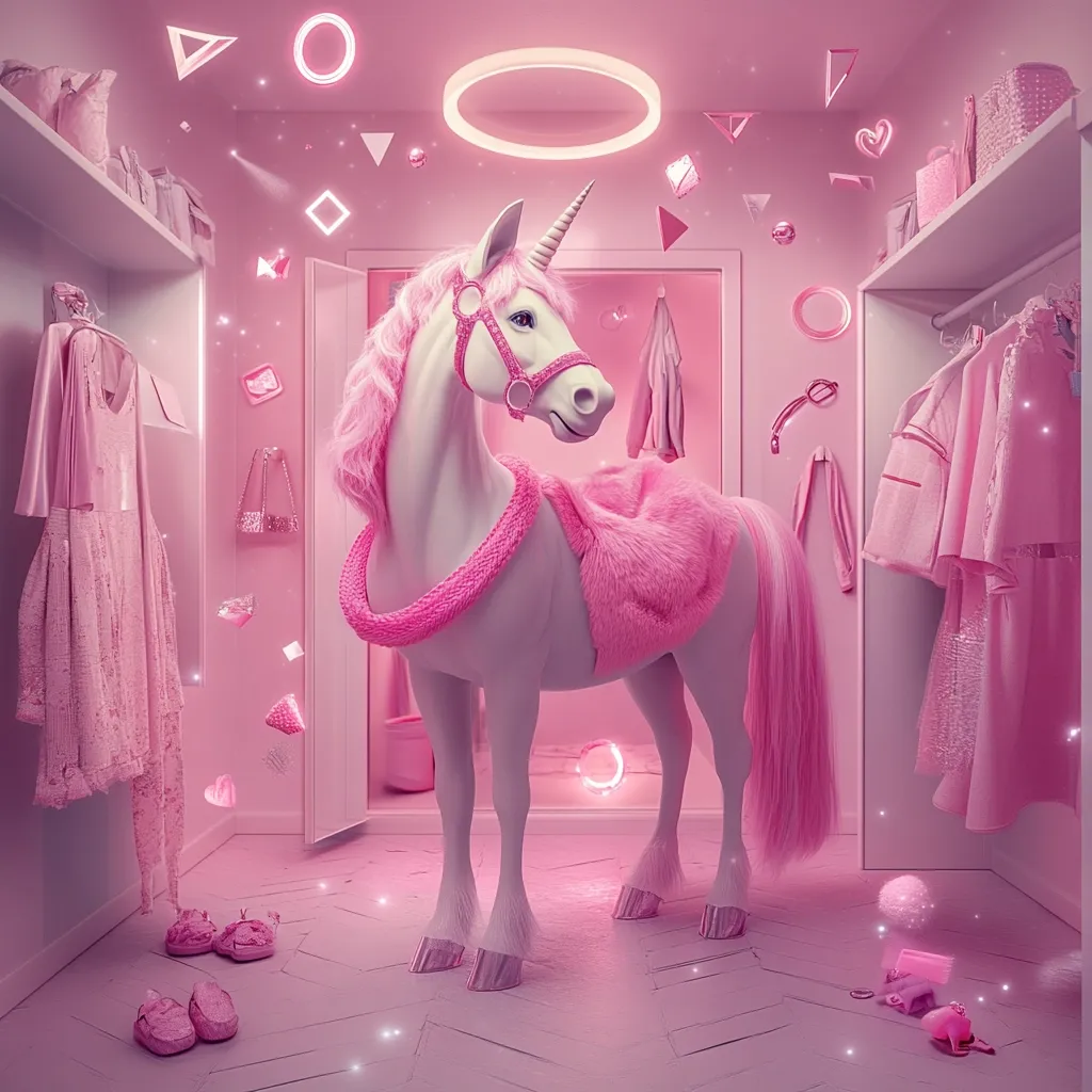 A majestic white unicorn, adorned with a fluffy pink saddle and mane, stands in a dreamy pink closet.  The room is filled with pink clothing, accessories, and glowing geometric shapes, creating a magical, whimsical atmosphere.  The unicorn's presence adds an element of fantasy to the stylish and luxurious space.  Soft pink lighting enhances the overall dreamy aesthetic.
