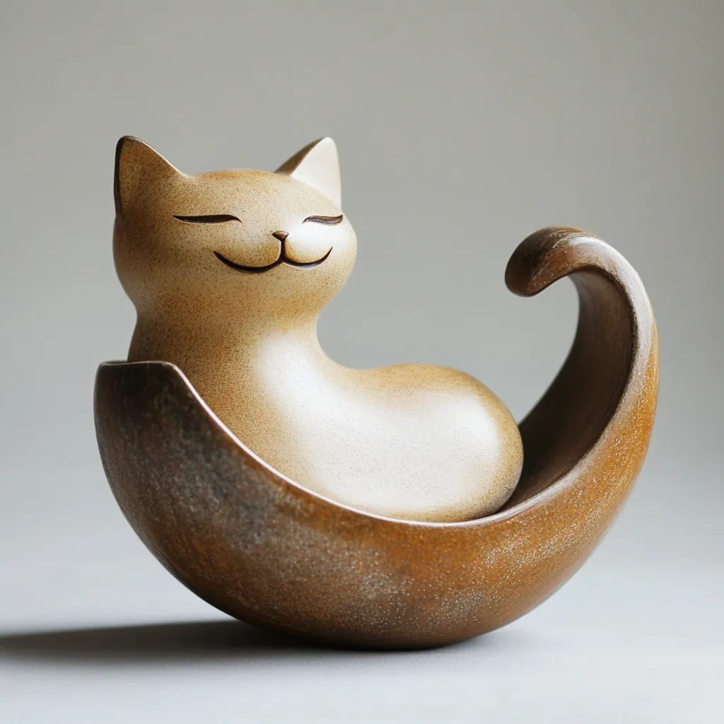 A charming ceramic sculpture depicts a serene cat nestled in a crescent-shaped cradle.  The cat, rendered in light beige, has a contented expression, while the cradle is a darker brown, showing subtle textural variations. The piece is minimalist yet expressive, capturing a sense of calm and playful contentment.  The smooth curves of both cat and cradle create a visually appealing and harmonious design.