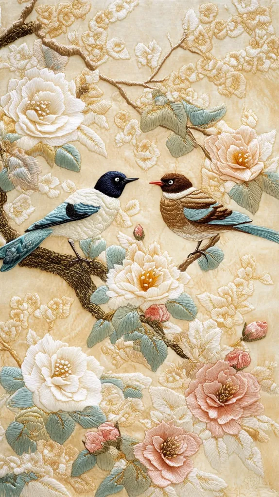 Intricate embroidery depicts two birds perched on a flowering branch.  The birds, rendered in shades of blue, brown, and black, are positioned amidst delicately stitched blossoms.  The flowers, primarily white and blush pink, are detailed with fine stitching, creating a sense of texture and depth. The overall palette is soft and muted, with a creamy beige background enhancing the floral and avian motifs.  The style suggests a traditional East Asian aesthetic.