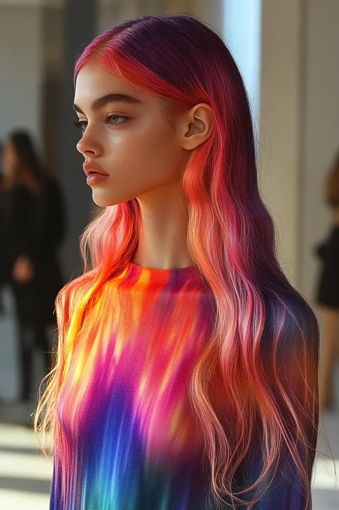 A young woman with long, wavy hair dyed in vibrant shades of pink, orange, and purple is shown in profile.  Her hair is styled in loose waves cascading down her shoulders. She wears a tie-dye shirt with a similar multicolored pattern in warm and cool tones. The background is blurred, suggesting an outdoor setting.  Her makeup is minimal and her expression is serene.