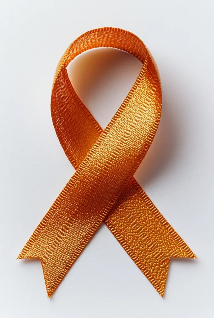 A vibrant orange ribbon, tied in a classic awareness ribbon shape, is set against a clean white backdrop.  The ribbon's texture is subtly visible, suggesting a satin or similar material.  Its bright color and simple presentation make it a striking image, often used to represent various causes and support organizations.