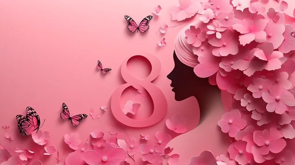 A pink and delicate illustration celebrating International Women's Day.  A paper cut-out silhouette of a woman's face is adorned with pink paper flowers, forming a hairstyle.  The number eight, a symbol of the day, is prominently featured. Delicate pink butterflies flutter around the design, adding to the feminine and celebratory feel. The overall aesthetic is elegant and sophisticated.