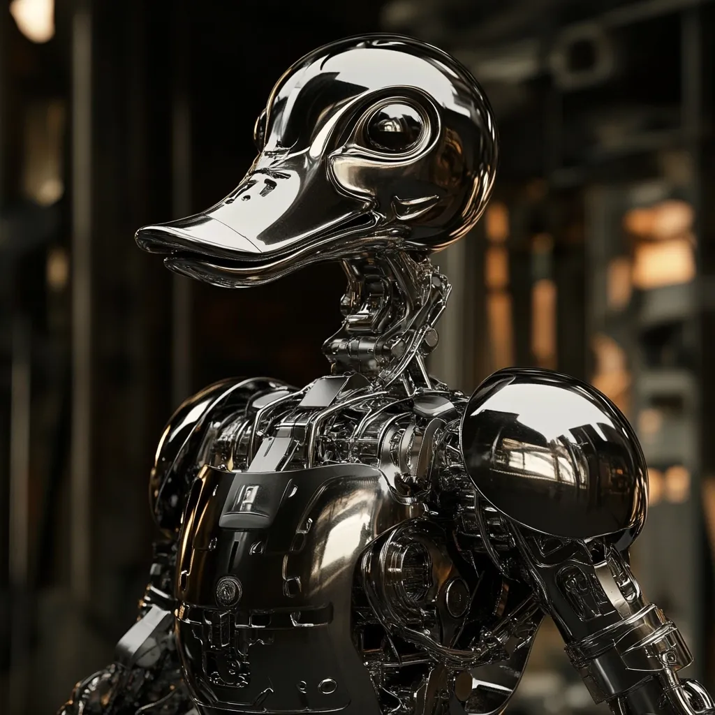 A highly polished, chrome-plated robot with a duck's head is depicted.  The robot's internal mechanisms are visible through its transparent casing, showcasing intricate gears and tubing.  Its body is sleek and reflective, mirroring the dark industrial background. The image has a futuristic, steampunk aesthetic.