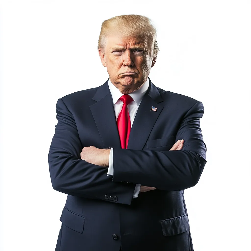 Donald Trump is depicted in a portrait-style photograph. He stands against a white background, arms crossed, wearing a dark navy suit, crisp white shirt, and a red tie.  His expression is serious, almost stern, and his signature hairstyle is prominent. The American flag pin is visible on his lapel. The image projects a sense of power and authority.