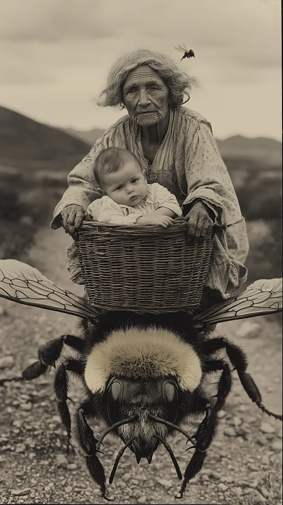 A sepia-toned photograph depicts an elderly woman with weathered features, carrying a baby in a woven basket atop a giant bumblebee.  The woman, appearing indigenous, sits on the insect as it traverses a dirt road. The scene is surreal and evokes a sense of otherworldly travel or a fantastical journey.  A small bee flies overhead, adding to the dreamlike quality of the image.