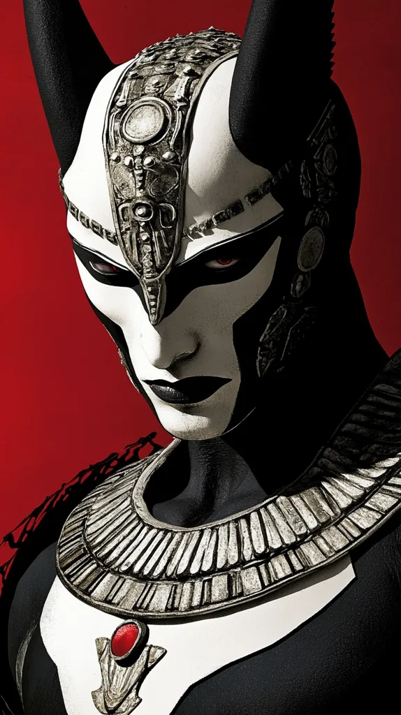 Close-up of a figure wearing an elaborate mask and headdress.  The mask is predominantly white and black, with intricate silver detailing reminiscent of ancient Egyptian artistry.  The figure also sports a large, ornate collar.  The background is a solid, deep red, enhancing the dramatic effect of the image.  The overall aesthetic is dark, mysterious, and powerful.