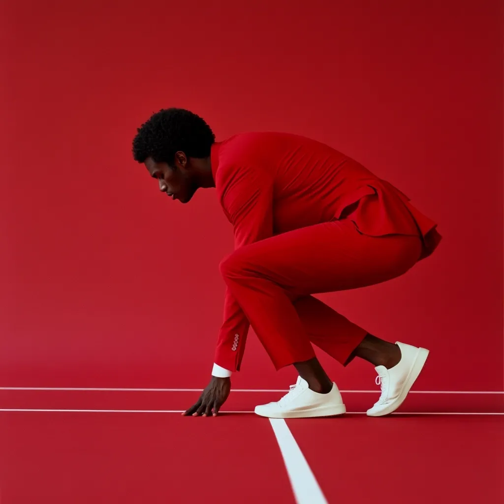A young Black man in a vibrant red suit crouches at the starting line of a red running track.  He wears crisp white sneakers, his posture suggesting anticipation and readiness. The bold red background and stark white line create a striking visual contrast, emphasizing the moment of poised action before a race or significant event.  His focused expression hints at determination.