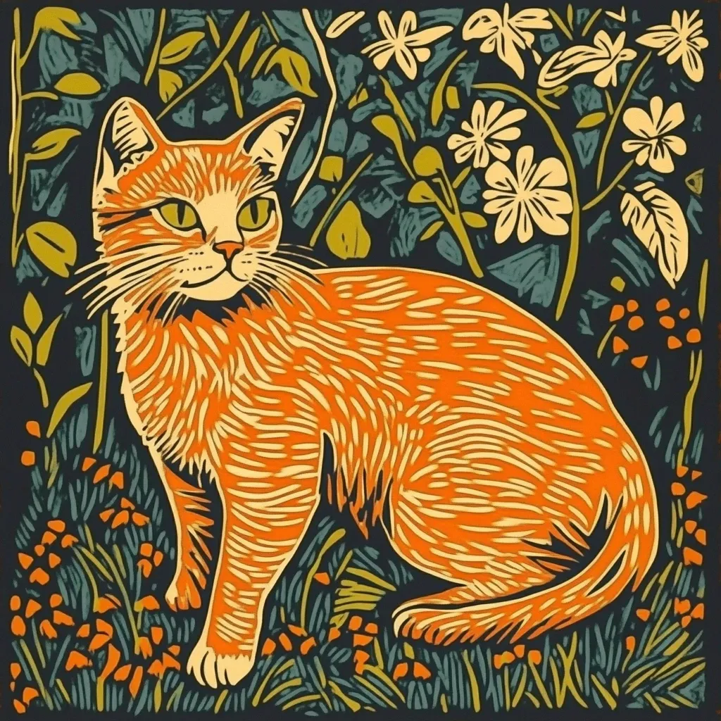 A vibrant linocut print depicts an orange tabby cat serenely seated amidst a lush garden.  The cat's fur is rendered with detailed, textured lines, contrasting with the stylized floral background.  The colors are bold and rich, with oranges, greens, and yellows dominating the composition. The artwork has a folk-art feel, emphasizing simple shapes and strong outlines.