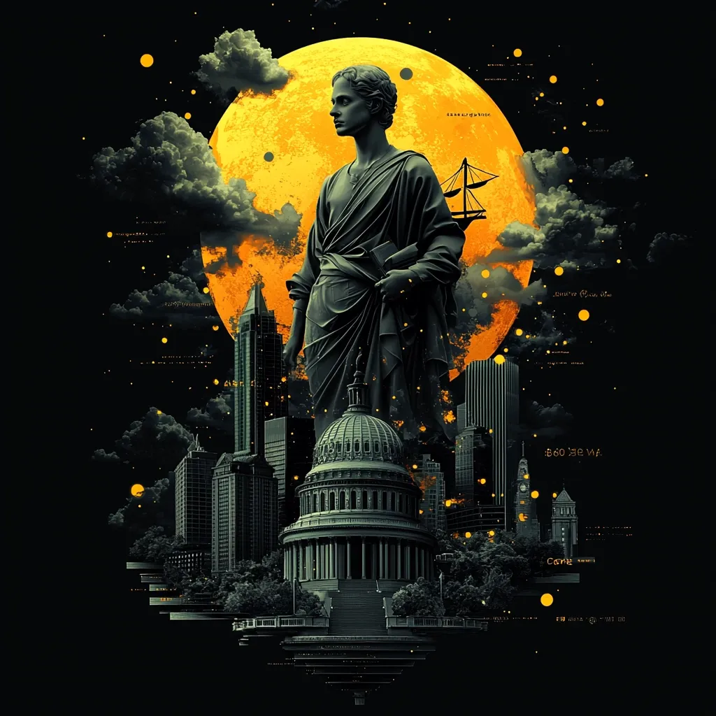 A dramatic digital artwork depicts a classical statue of a robed figure standing before a large, fiery orange moon.  The statue is positioned above a stylized cityscape, including buildings reminiscent of Washington D.C., with glowing orange accents scattered throughout.  Dark clouds and a cryptic digital overlay add to the surreal and atmospheric ambiance.  The overall effect is one of mysterious grandeur and juxtaposition of time periods.