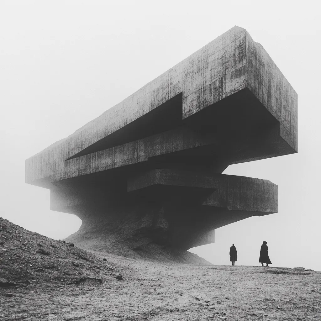 A colossal, imposing concrete structure looms over a desolate, fog-shrouded landscape. Its angular, layered design suggests a monolithic, perhaps abandoned, building. Two small, silhouetted figures walk towards it, emphasizing the structure's immense scale and the bleakness of the environment. The monochrome palette enhances the sense of mystery and isolation, creating a dramatic and surreal atmosphere.