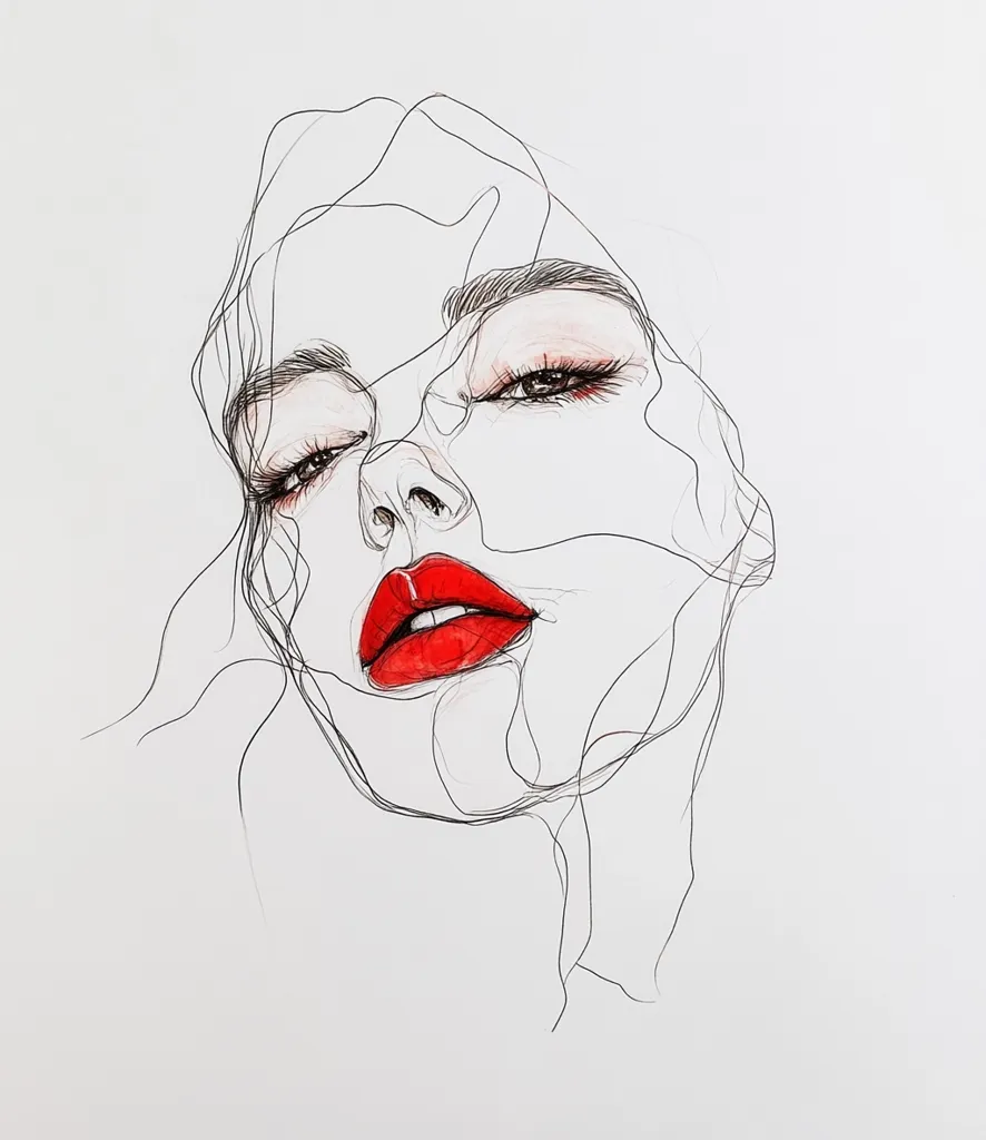 A minimalist line drawing depicts a woman's face, her eyes gently closed.  Intricate, flowing lines suggest hair, creating a sense of movement and fluidity around her features.  The bold, red lips are a striking contrast to the delicate lines, adding a pop of color and emphasizing sensuality. The overall style is elegant and suggestive, leaving space for interpretation.