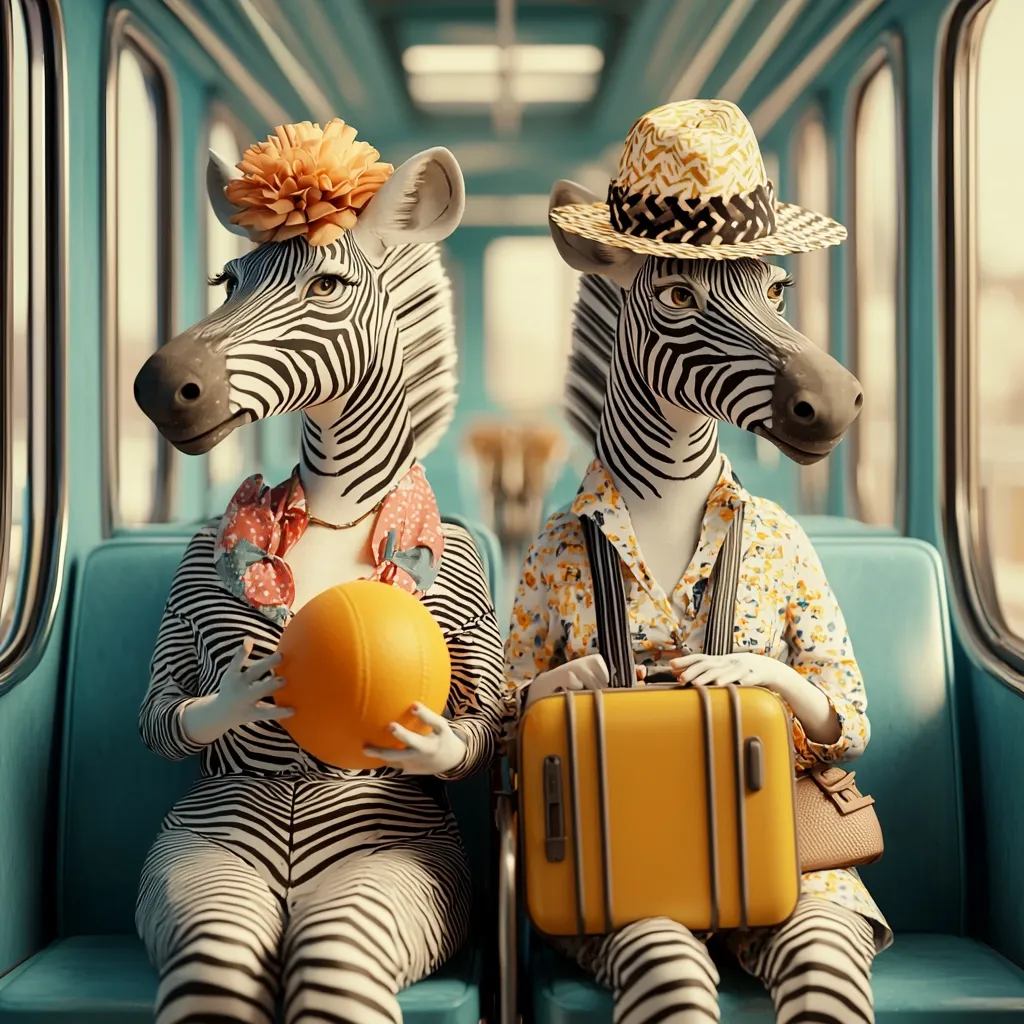 Two stylish zebras, a female adorned with a flower and a male in a straw hat, sit on a vintage train.  The female zebra holds an orange ball, while the male carries a yellow suitcase and a smaller brown handbag.  They are dressed in fashionable, patterned clothing, creating a whimsical and surreal scene. The train's teal interior contrasts with their attire, enhancing the vibrant image.