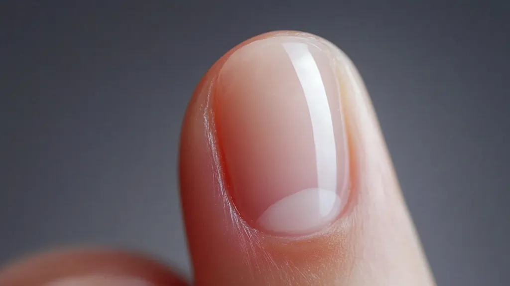 Close-up view of a fingertip with a smooth, shiny, light pink nail.  The nail is neatly manicured and displays a subtle, natural crescent moon shape at the base. The surrounding skin appears healthy and soft, with fine lines visible. The background is a blurred, dark gray.