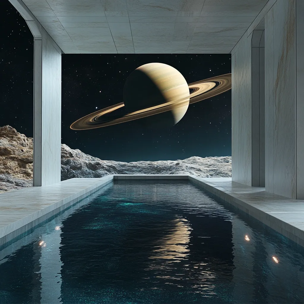 A minimalist, modern indoor pool is situated within a sleek, light grey structure.  The wall behind the pool features a breathtaking vista of an alien landscape under a starry night sky, dominated by a large ringed planet. The scene creates a surreal and tranquil atmosphere, blending futuristic architecture with an otherworldly backdrop.  The water in the pool is dark and reflective, mirroring the cosmic scene above.