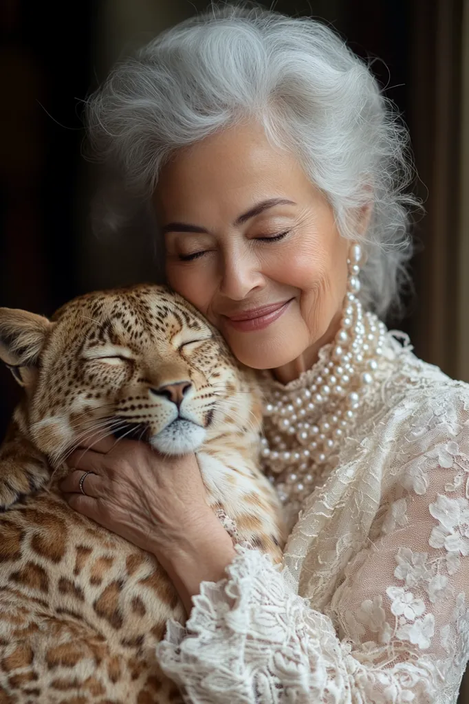 A serene older woman with silver hair, wearing a delicate white lace dress and a pearl necklace, gently cradles a spotted leopard cub.  Her eyes are closed, conveying a sense of peace and connection with the animal. The image evokes a feeling of tranquility and the bond between human and nature. The soft lighting and muted background enhance the intimate moment.