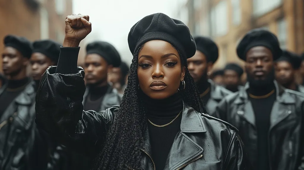 A young Black woman with long braids and a black beret raises her fist in solidarity.  She's dressed in a black leather jacket, standing prominently in front of a group of similarly attired people, all wearing berets. The image conveys a sense of unity and powerful resistance. The background is blurred, focusing attention on the central figure.