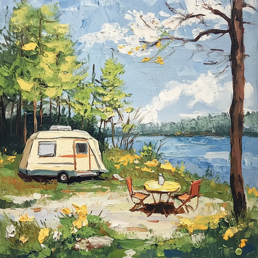 A vibrant oil painting depicts a tranquil lakeside camping scene. A vintage, cream-colored caravan rests near a small table and chairs set amidst yellow wildflowers. Lush green trees frame the picturesque setting, with a calm blue lake and distant treeline completing the backdrop. The impasto style adds texture and depth to the idyllic summer landscape.