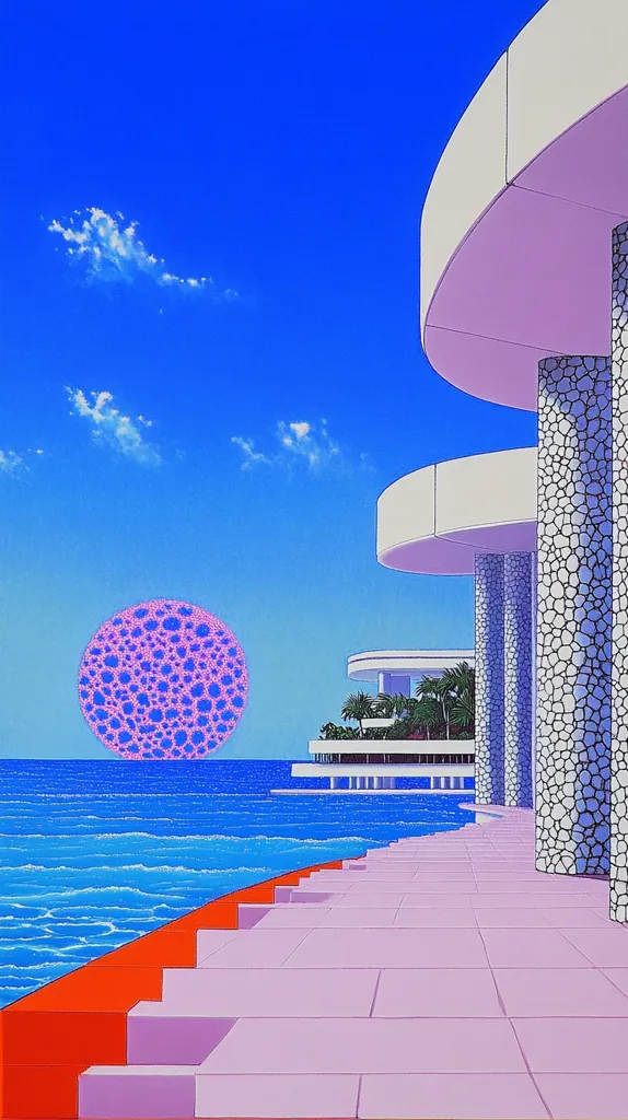 A vibrant, stylized artwork depicts a modern architectural scene.  A curved, pastel-pink building with stone columns overlooks a bright blue ocean.  A large, textured, pink-and-blue orb hangs low in the sky, resembling a stylized sun.  Steps lead down from the building towards the water, creating a pathway bordered in bright orange. The overall style is reminiscent of 1980s synthwave aesthetics.