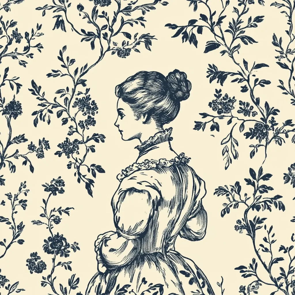 A profile illustration of a woman in a period dress is centered against a background of a repeating floral pattern. The woman's hair is styled up, and her dress features puffed sleeves and a full skirt. The floral pattern consists of stylized branches and blossoms in a dark blue-gray hue, contrasting with the cream-colored background. The style evokes a vintage aesthetic, possibly from the Victorian or Edwardian era. The image is highly detailed and reminiscent of antique textile designs.