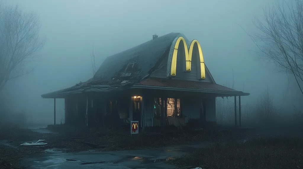 A dilapidated McDonald's restaurant stands shrouded in thick fog.  The iconic golden arches still glow faintly atop the decaying building, a stark contrast to the surrounding desolate landscape.  Bare trees and a gloomy atmosphere create an eerie and unsettling scene, suggesting abandonment and the passage of time.  The image evokes a sense of mystery and decay.