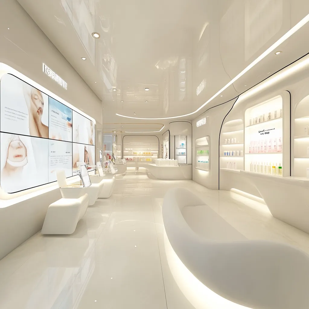 A minimalist, all-white cosmetic store interior is shown.  Sleek, curved shelving displays various skincare products.  A large video screen showcases skincare treatments.  White seating is provided for customers, and the floor is highly polished.  The overall design is clean, modern, and luxurious.  Soft, ambient lighting enhances the pristine aesthetic.