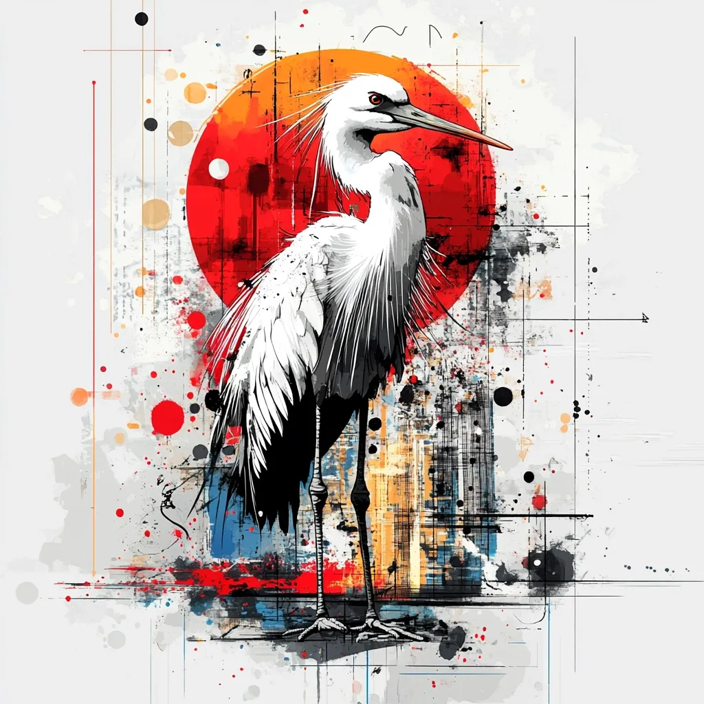 A stylized illustration of a great egret stands prominently against an abstract background.  The bird, rendered in black and white with stark details, is positioned before a large, vibrant red sun.  The backdrop is a collage of geometric shapes, splatters of color, and textural elements, creating a dynamic and energetic composition that blends realism with abstract expressionism.