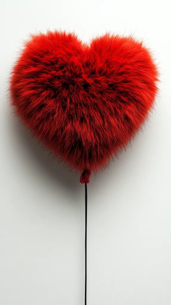 A fluffy, red heart-shaped object is suspended from a thin, dark string against a plain white background.  The heart is incredibly textured, appearing soft and plush, like fur or a very dense, shaggy material.  The overall effect is whimsical and romantic.
