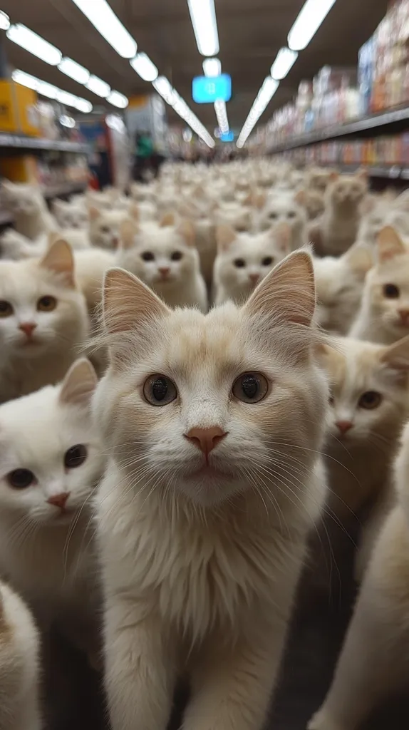 A creamy-white cat stands in the foreground, its gaze directed at the viewer.  Behind it, a seemingly endless aisle of identical cats stretches into a brightly lit supermarket. The scene is surreal and humorous, creating a striking contrast between the domestic feline and the commercial setting.  The cats are mostly light-colored, creating a sea of white and cream fur.