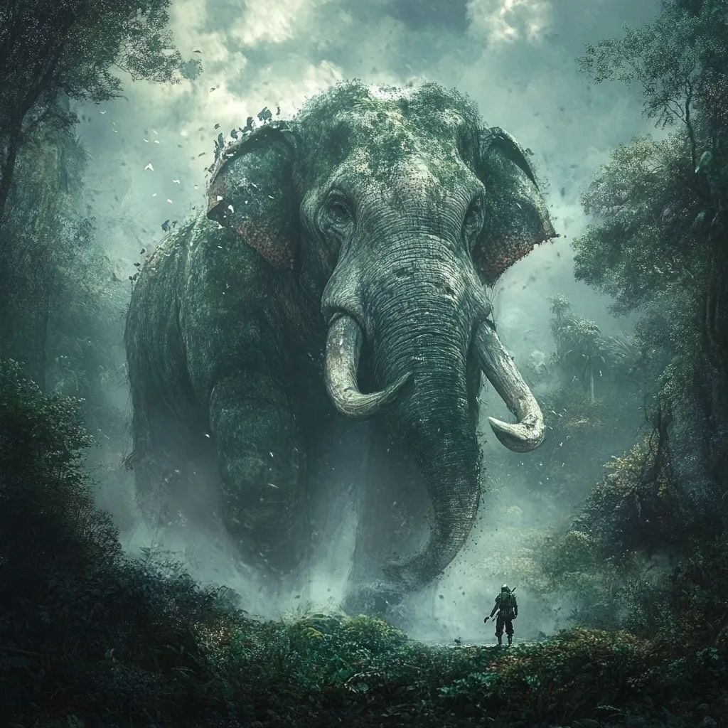 A colossal, ancient elephant, its hide overgrown with vines and foliage, dominates a misty jungle scene.  Birds flit around its massive head. A lone, small figure, possibly a hunter or explorer, stands in awe at the base of the immense creature, dwarfed by its size and the overwhelming power it represents. The atmosphere is dark, mysterious, and evokes a sense of wonder and perhaps a hint of danger.