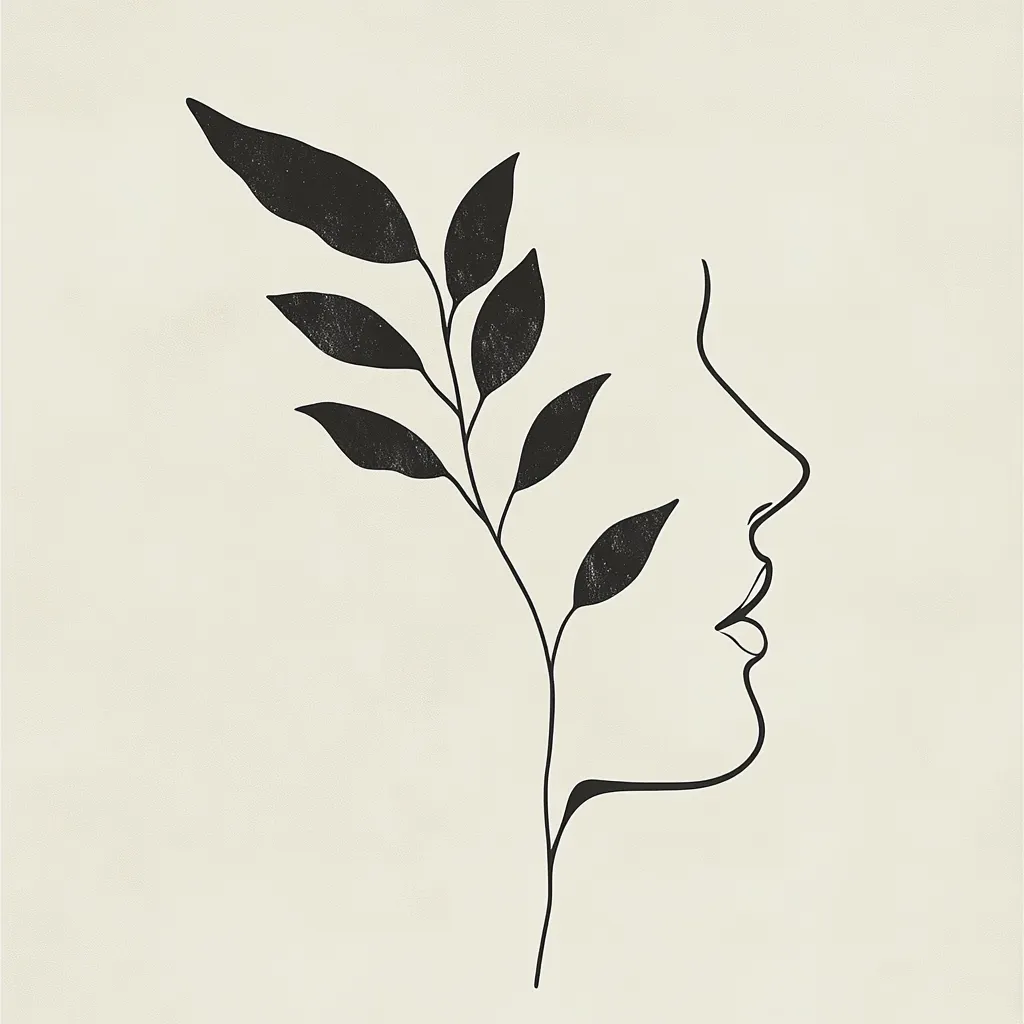 A minimalist line drawing depicts a woman's face in profile, subtly adorned with a stylized sprig of leaves.  The image is rendered in black and white on a beige background, creating a serene and elegant aesthetic.  The simple lines and dark leaves contrast beautifully against the light backdrop. The overall style evokes a sense of calmness and natural beauty.