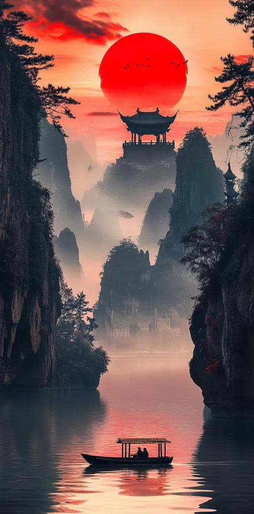 A serene landscape unfolds at sunset, showcasing a large, crimson sun dominating the sky.  Misty mountains rise from a calm lake, their peaks adorned with traditional Chinese architecture.  A small boat carrying two figures glides peacefully across the water, reflecting the vibrant hues of the sky.  The scene is a harmonious blend of nature and man-made structures, evoking a sense of tranquility and ancient beauty.