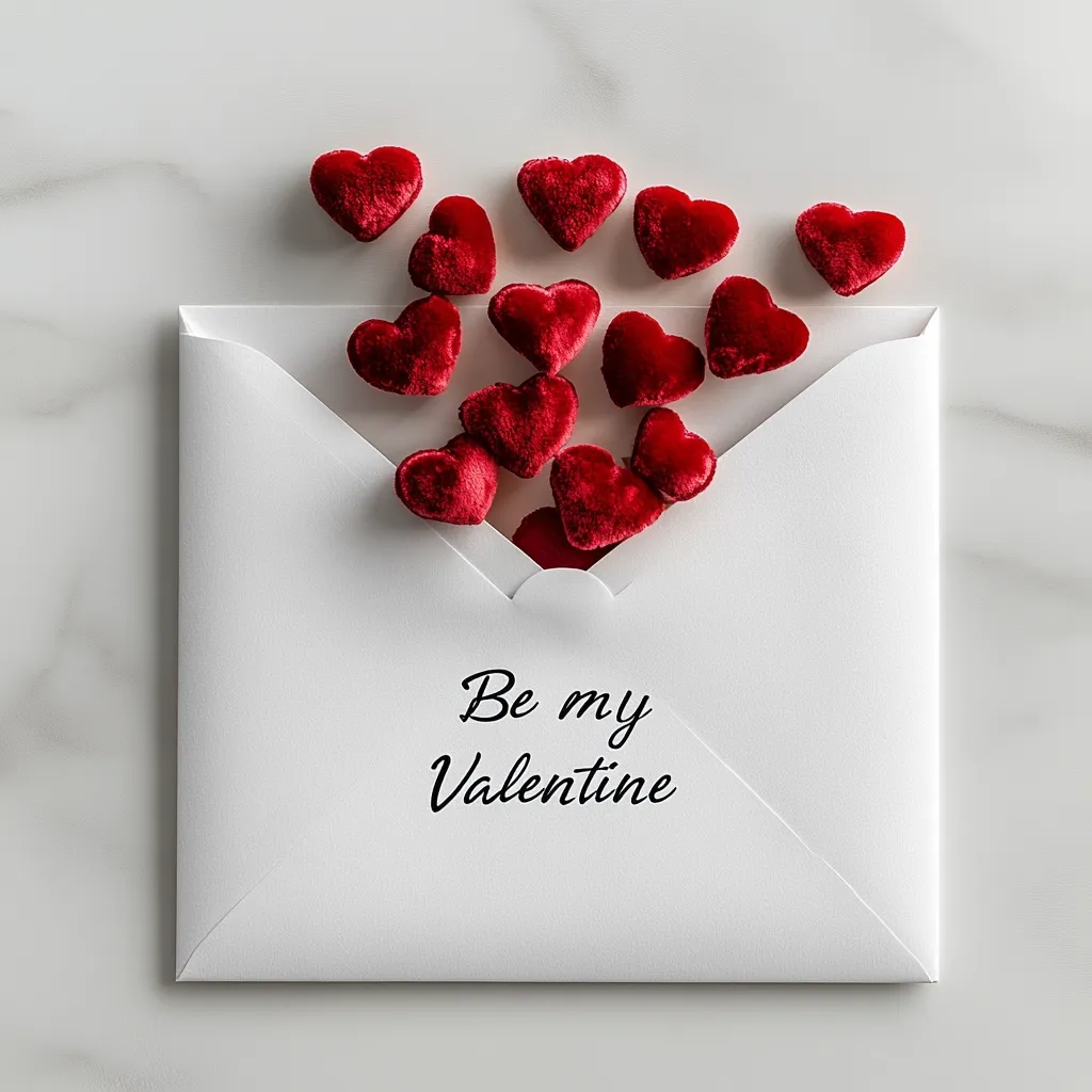 A white envelope rests on a marble surface, overflowing with small, dark-red velvet hearts.  The words "Be my Valentine" are elegantly printed on the front. The image evokes feelings of love and romance, perfect for Valentine's Day. The overall aesthetic is clean, simple, and visually appealing.