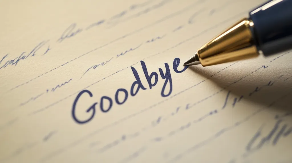 A close-up shot shows a pen writing the word "Goodbye" in elegant cursive on lined paper.  The pen is gold and blue, and the paper is a creamy off-white. The surrounding writing is blurred, focusing attention on the poignant farewell.  The image evokes feelings of sadness or finality.
