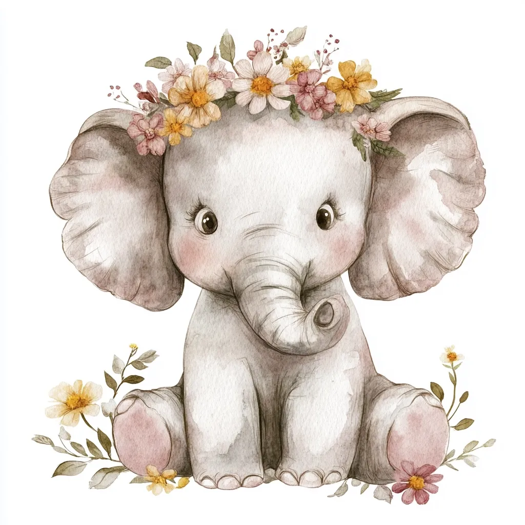 An adorable baby elephant sits amidst a watercolor floral arrangement.  The elephant, rendered in soft grey and pink hues, wears a crown of delicate wildflowers in shades of yellow, pink, and orange.  The image evokes a gentle, whimsical feeling, perfect for children's décor or stationery.  The style is charming and slightly rustic, with delicate brushstrokes creating a soft texture.