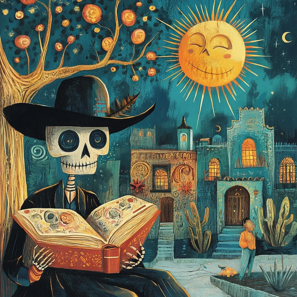A skeletal figure in a wide-brimmed hat sits under a whimsical tree, engrossed in a large, ornate book.  Behind, a cheerful, skull-faced sun shines over a quaint, teal-toned village with glowing windows.  The scene is rich with vibrant colors and folk art details, evoking a Day of the Dead atmosphere. A small figure stands near a building in the background. The overall style is whimsical and slightly surreal.